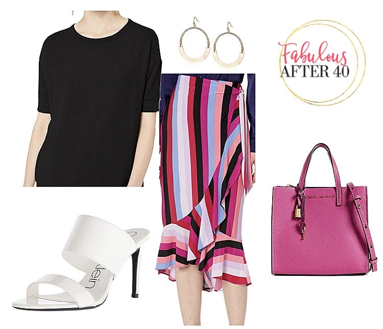 Bright bag - Hot Pink Marc Jacobs mini bag worn with pink striped ruffle skirt and black t-shirt | styled by Fabulous After 40