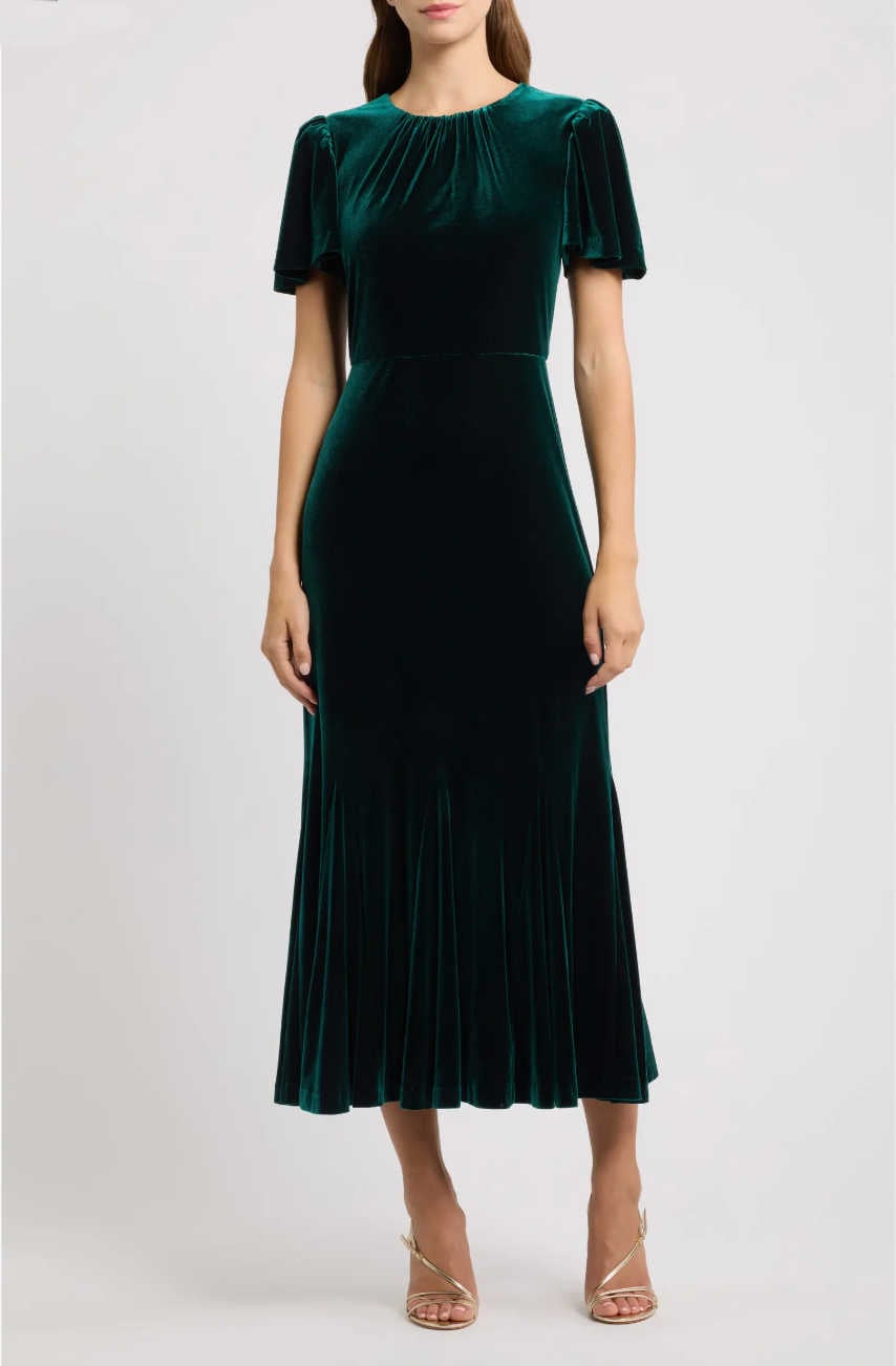 green velvet flutter sleeve midi