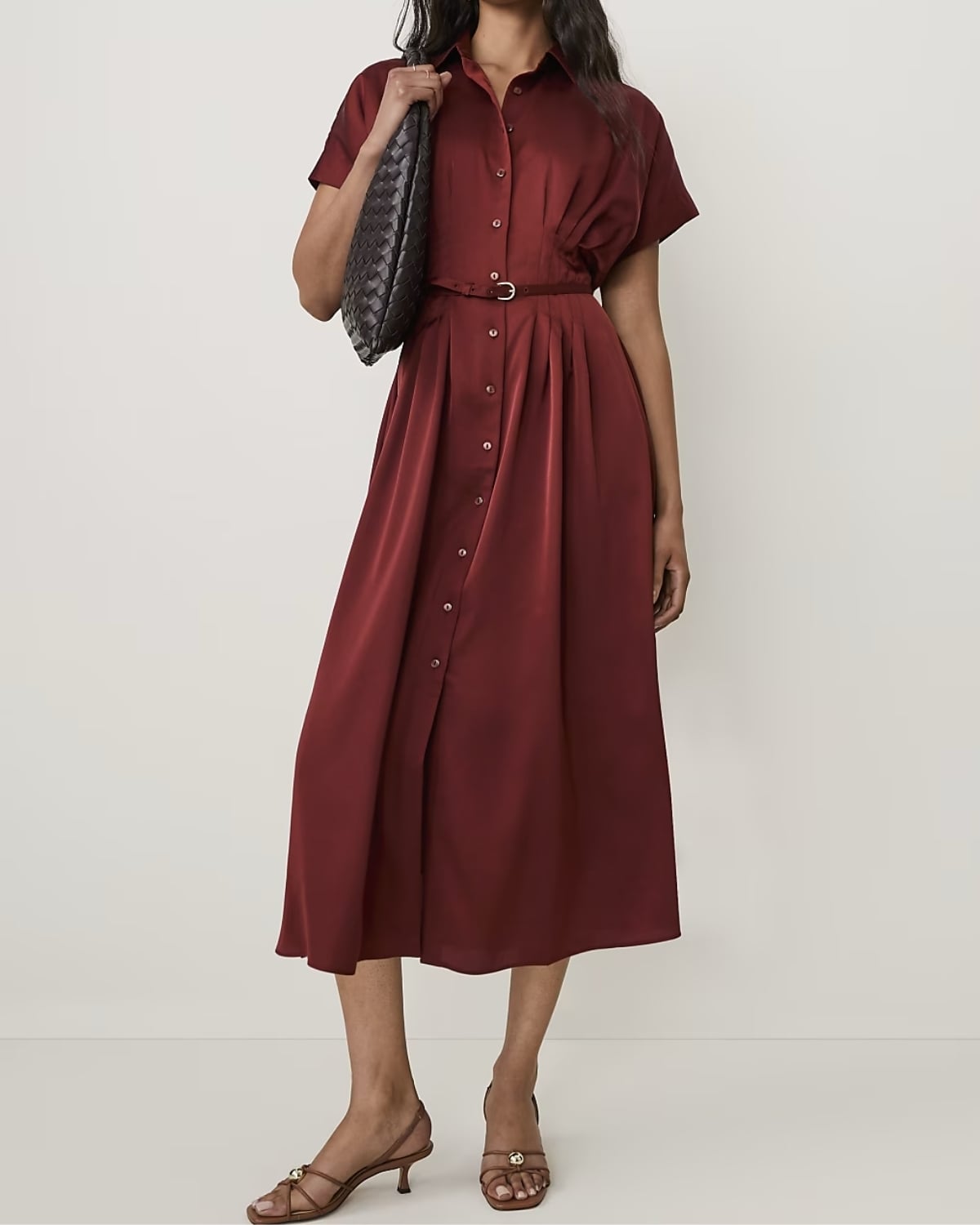Burgundy belted midi shirt dress with strappy heels for a stylish dinner or Broadway outfit in New York City.