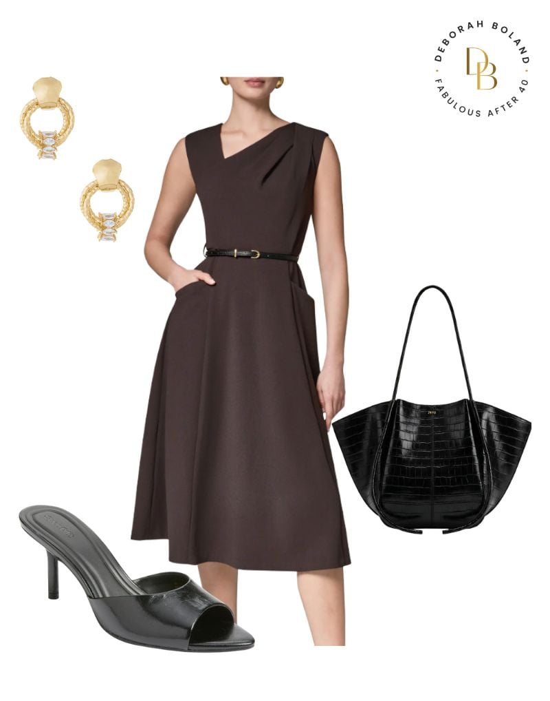 brown fit and flare dress with asymmetrical neckline