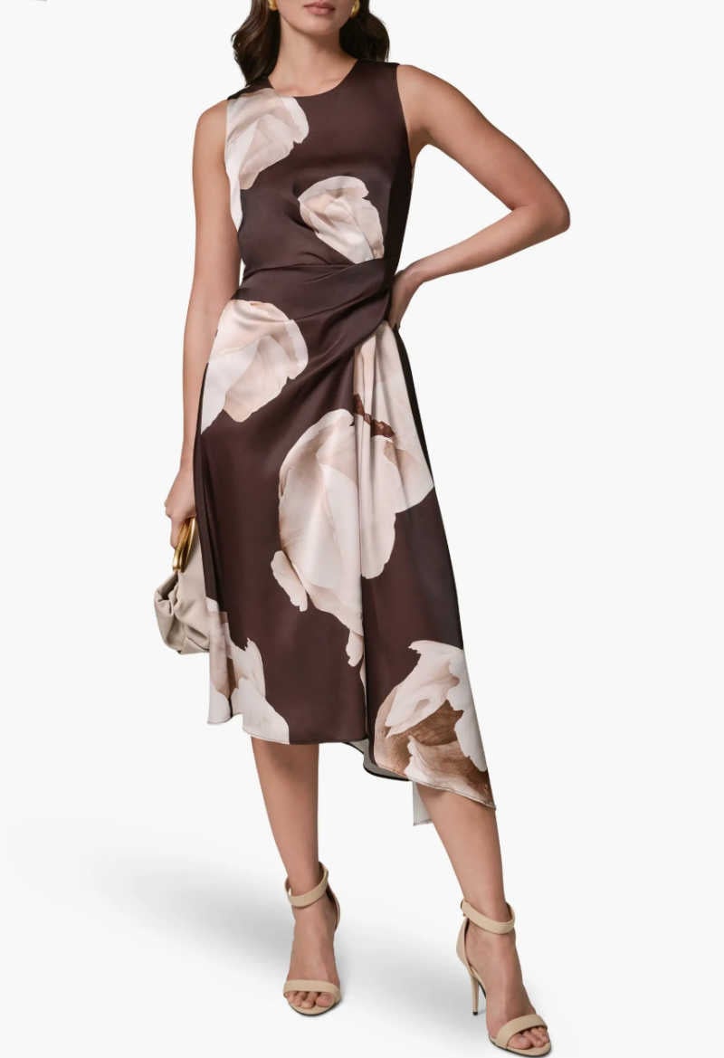 brown floral dress with asymmetrical hem