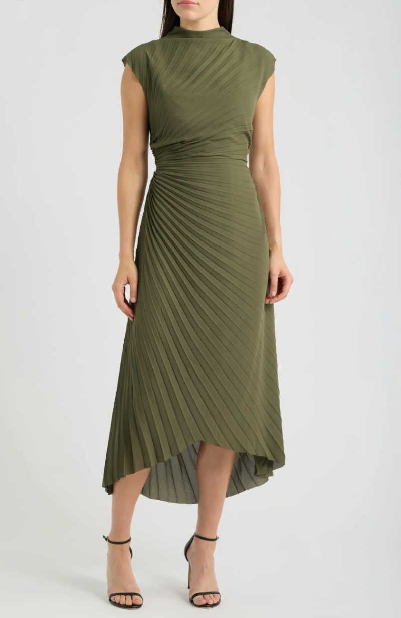 green pleated asymmetrical dress