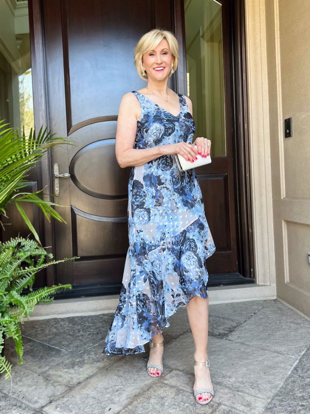 mother of the bride blue floral asymmetrical dress with wrap