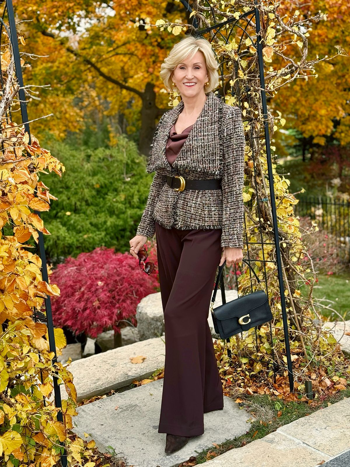 brown tweed jacket with fringe worn with pants