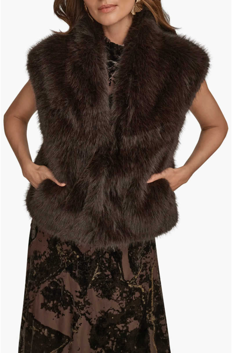 brown faux fur vest brown dress monochromatic look