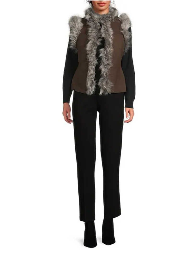 faux fur vest with black pants, top