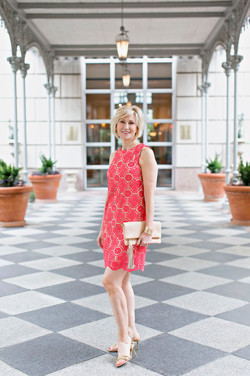 coral lace wedding guest dress