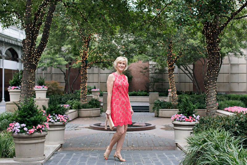 coral lace sheath dress