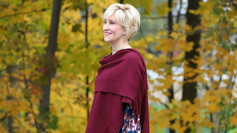 burgundy poncho Deborah Boland