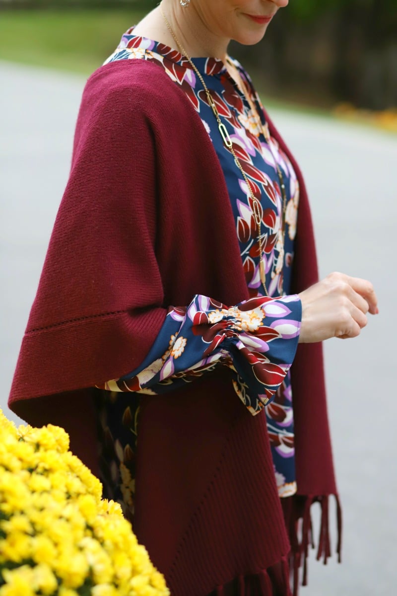 Burgundy poncho outfit