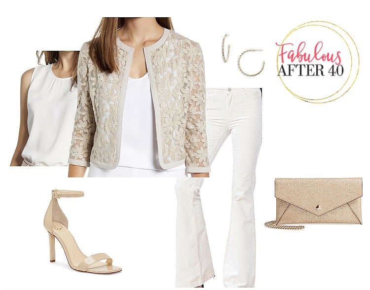 Casual Holiday Outfit l Monochromatic white top, jeans, lace jacket l styled by Fabulous after 40