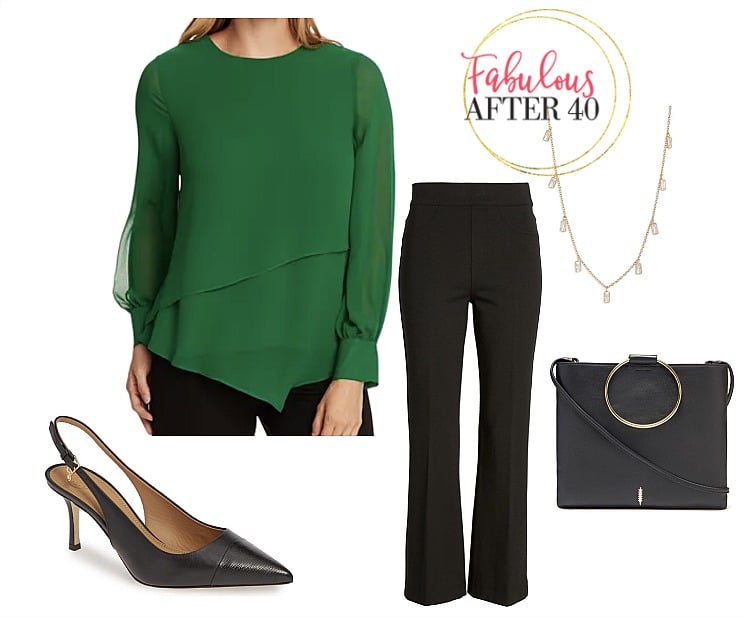 Casual Holiday Party Outfit- Green BLouse, black pants
