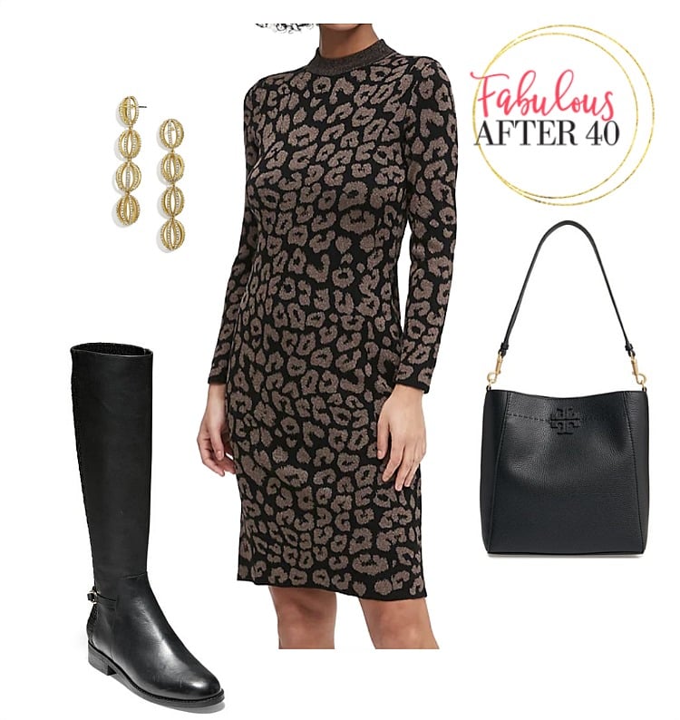 Casual Holiday Party Outfit l Leopard Metallic Sweater Dress , riding boots l styled by Fabulous after 40