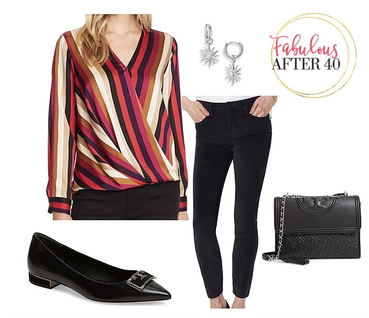 Casual Holiday Party Outfit l Striped Blouse, black jeans l styled by Fabulous After 40