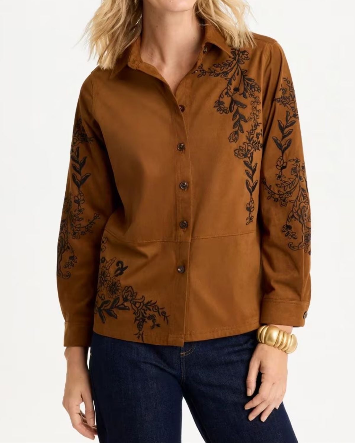 Chico's Embroidered Faux Suede Shirt