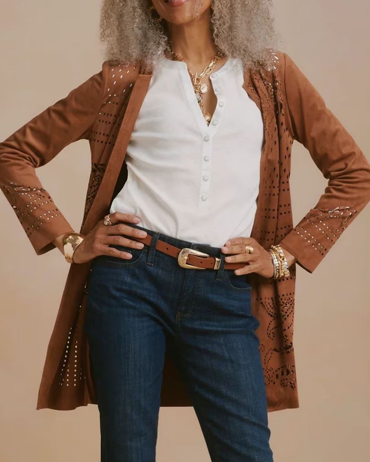 Chico's Faux Suede Cutwork Longline Jacket