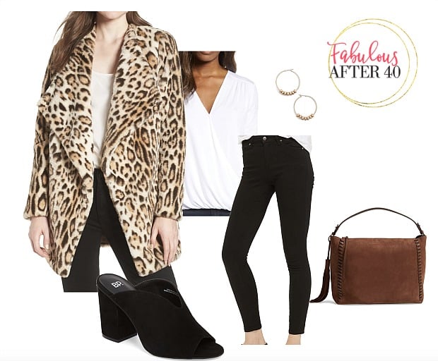 Cheetah Print Faux Fur Jacket with balck jeans and white blouse styled by Fabulous After 40 Deborah Boland