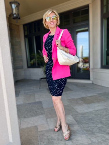 navy polka dot dress pink jacket outfit