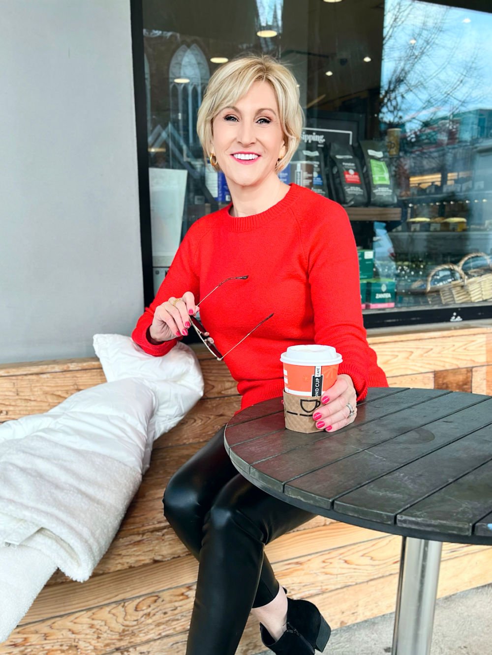 red crew neck sweater