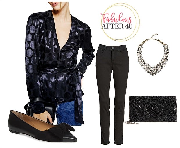 Casual New Year's Eve Outfit | Navy Velvet Wrap top , Jeans styled by Fabulous After 40