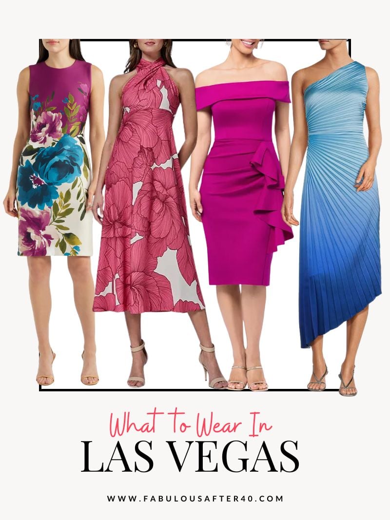 What to wear in Las Vegas at night with colorful cocktail dresses and elegant evening outfits for women over 50 from Deborah Boland.