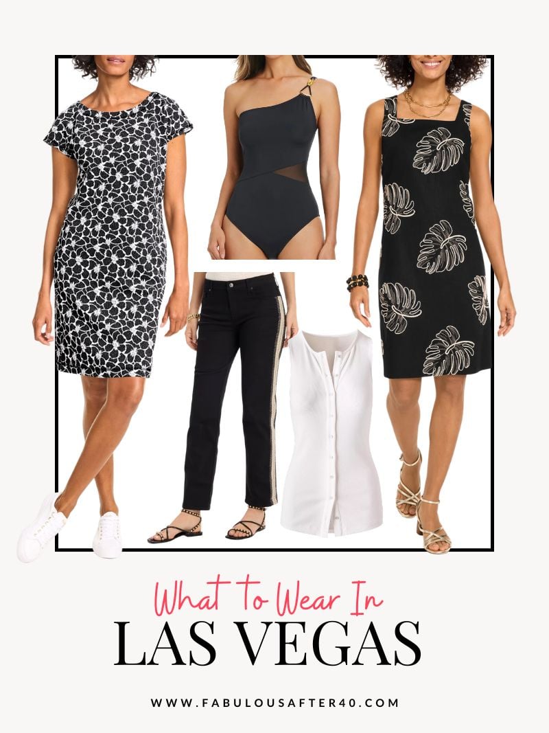 Deborah Boland's stylish Las Vegas outfit ideas with black and white dresses, black pants, a chic swimsuit, and comfortable resort looks for women over 40.