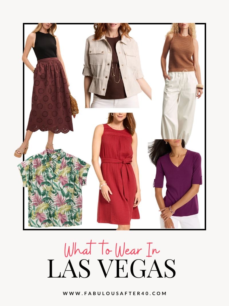 What to wear in Las Vegas for women over 50 with colorful dresses, white pants, tropical prints, and lightweight layers curated by Deborah Boland.
