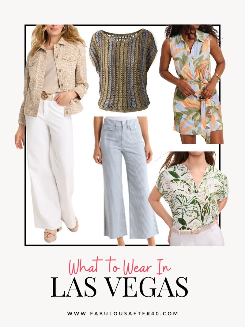 Deborah Boland's Las Vegas outfit ideas featuring white pants, linen separates, a tropical romper, and resort wear for women over 40, 50, and 60.