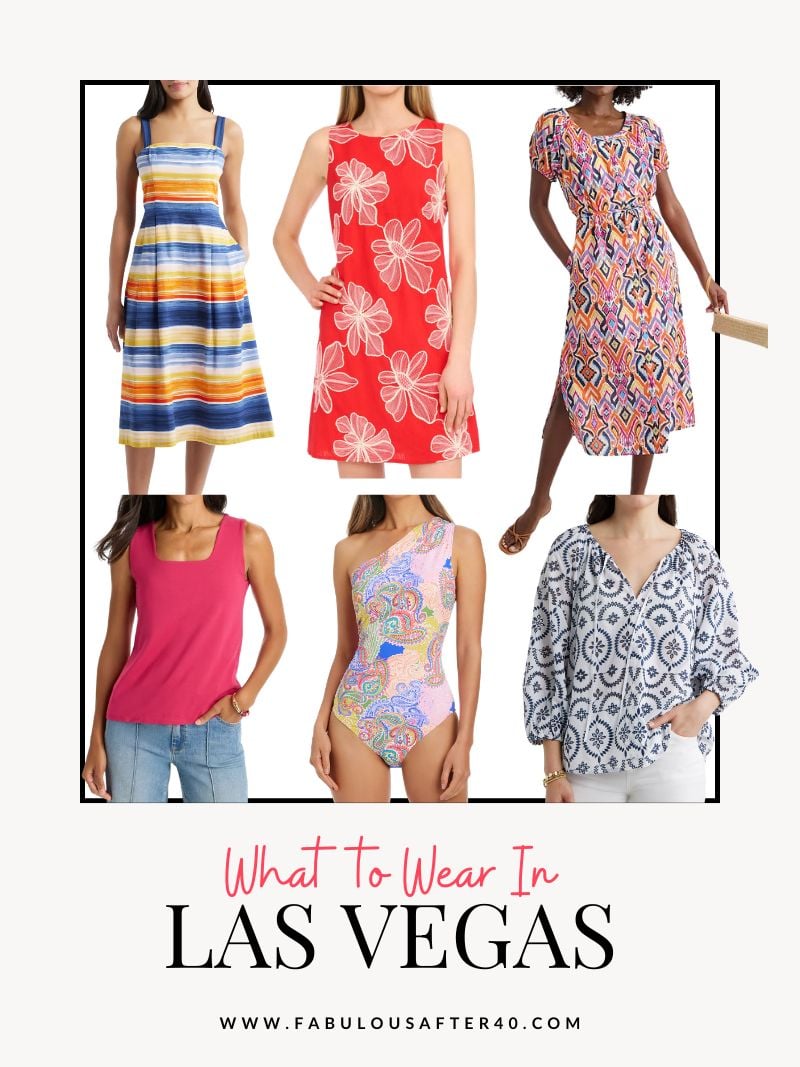 What to wear in Las Vegas during the day with colorful sundresses, resort tops, swimsuits, and casual vacation outfits for women over 50 by Deborah Boland.