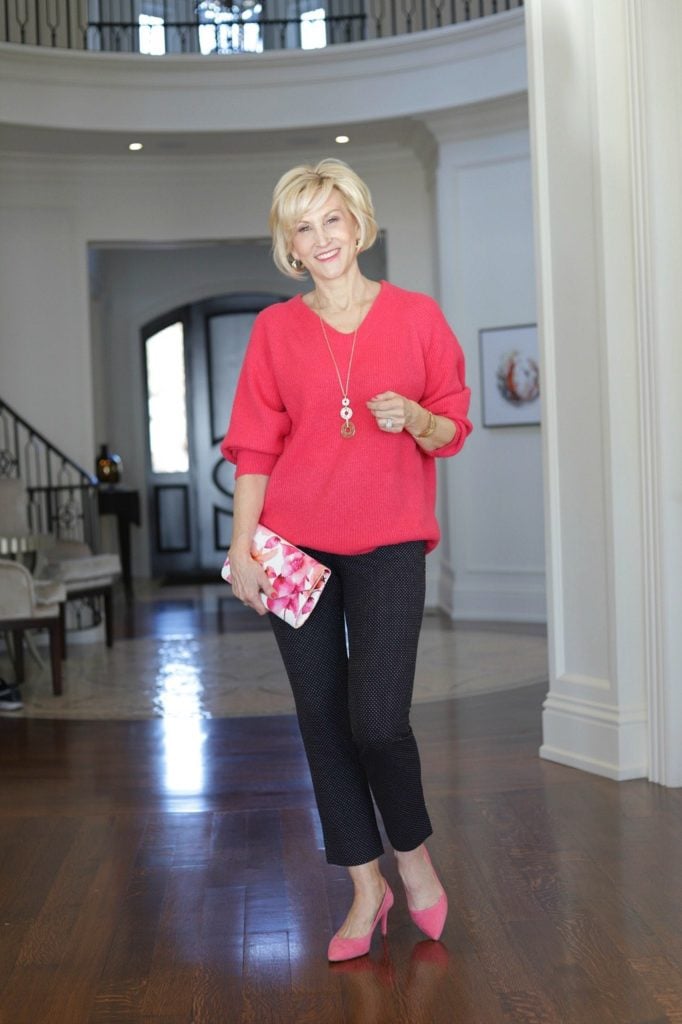 pink oversized sweater navy pants