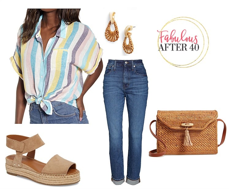 Memorial Day Outfit- Striped Tie Top , jeans, wedge rope sandals