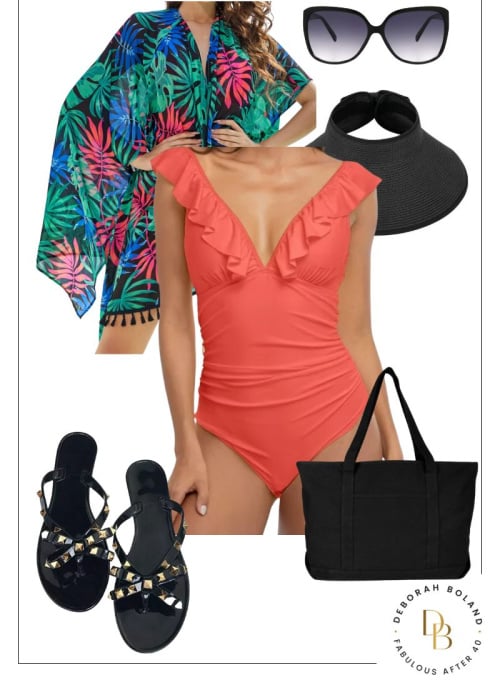 coral ruffle neck swimsuit one piece