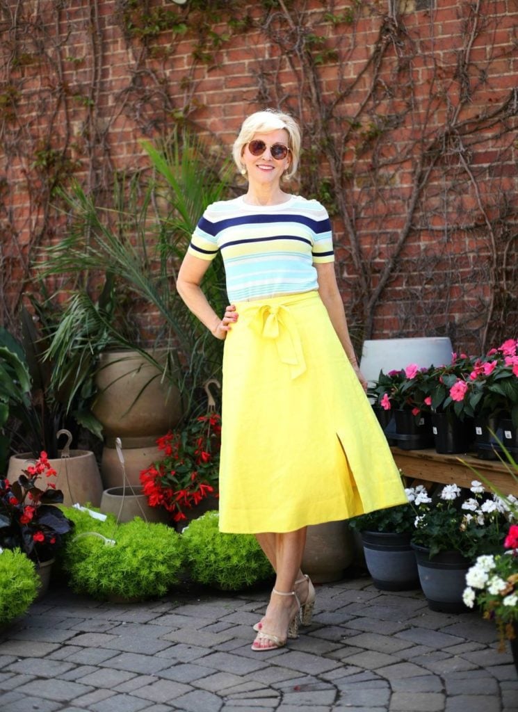 yellow linen skirt with waist tie, striped sweater