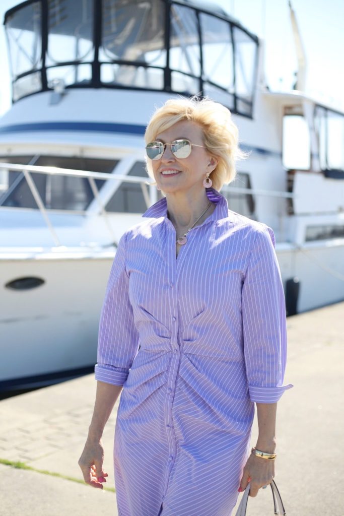Lavender Striped ruched shirtdress