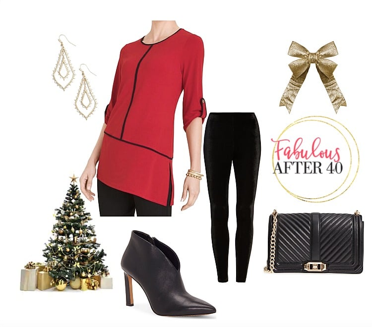 Christmas Leggings - Red Tunic, black leggings, black booties | styled by Fabulous After 40