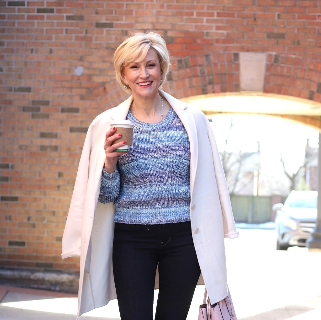 blue spacedye crop sweater, jeans Deborah Boland