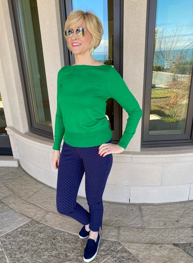 bold shoulder - bateau neckline on green sweater