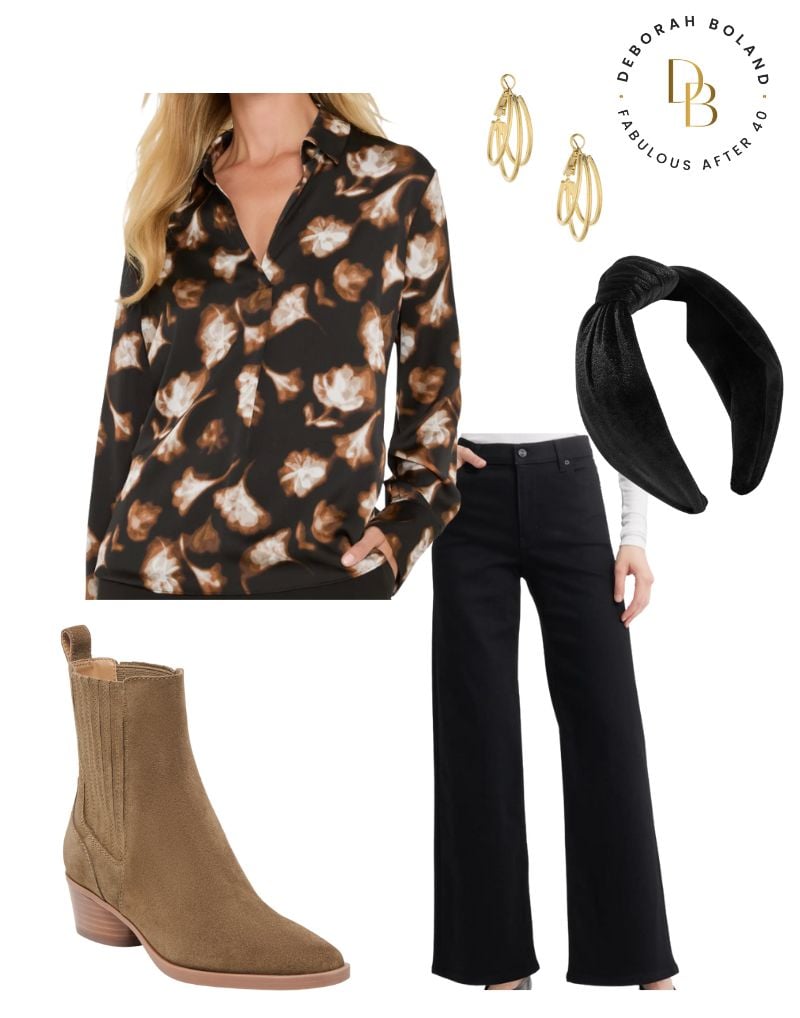 black knotted headband with black floral top and black jeans