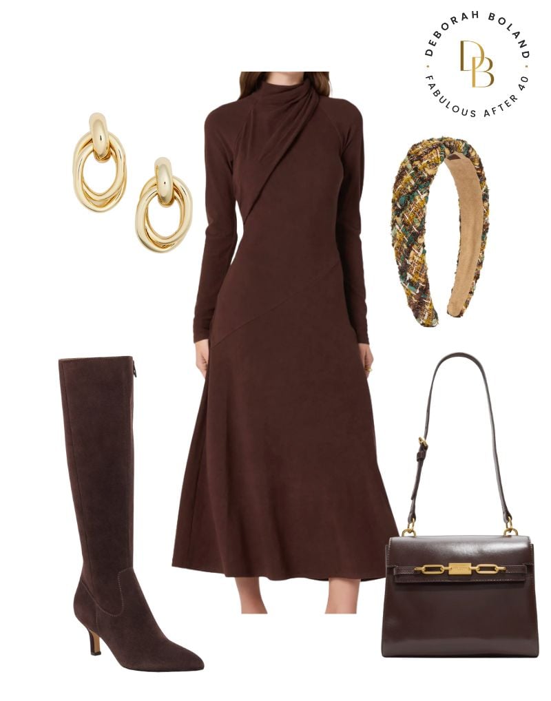 tweed headband with brown sweater dress