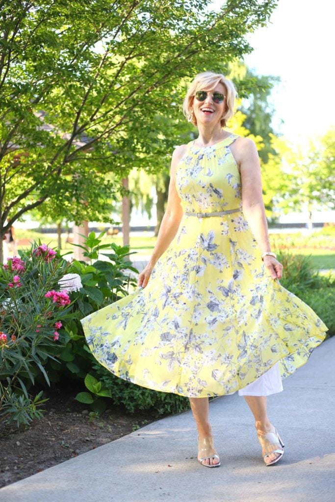 Yellow:gray floral midi dress Deborah Boland