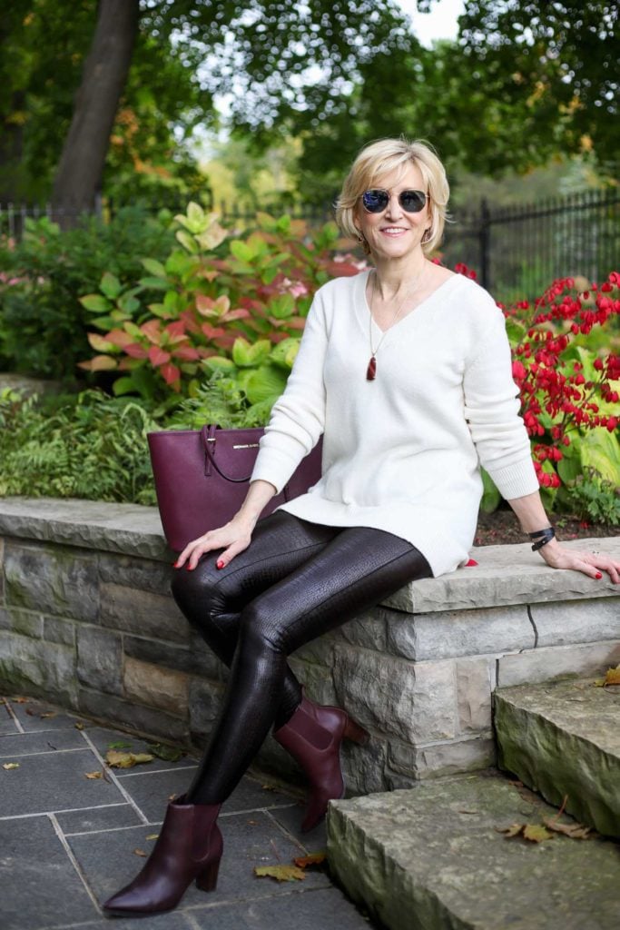 Spanx faux leather leggings, white sweater