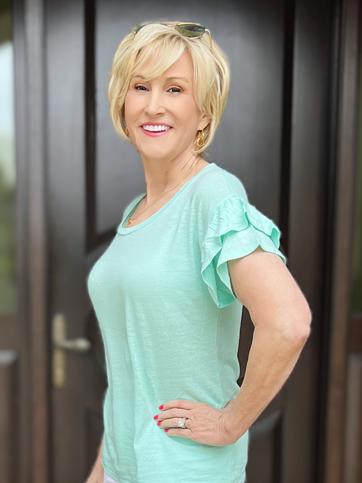 green ruffle sleeve top