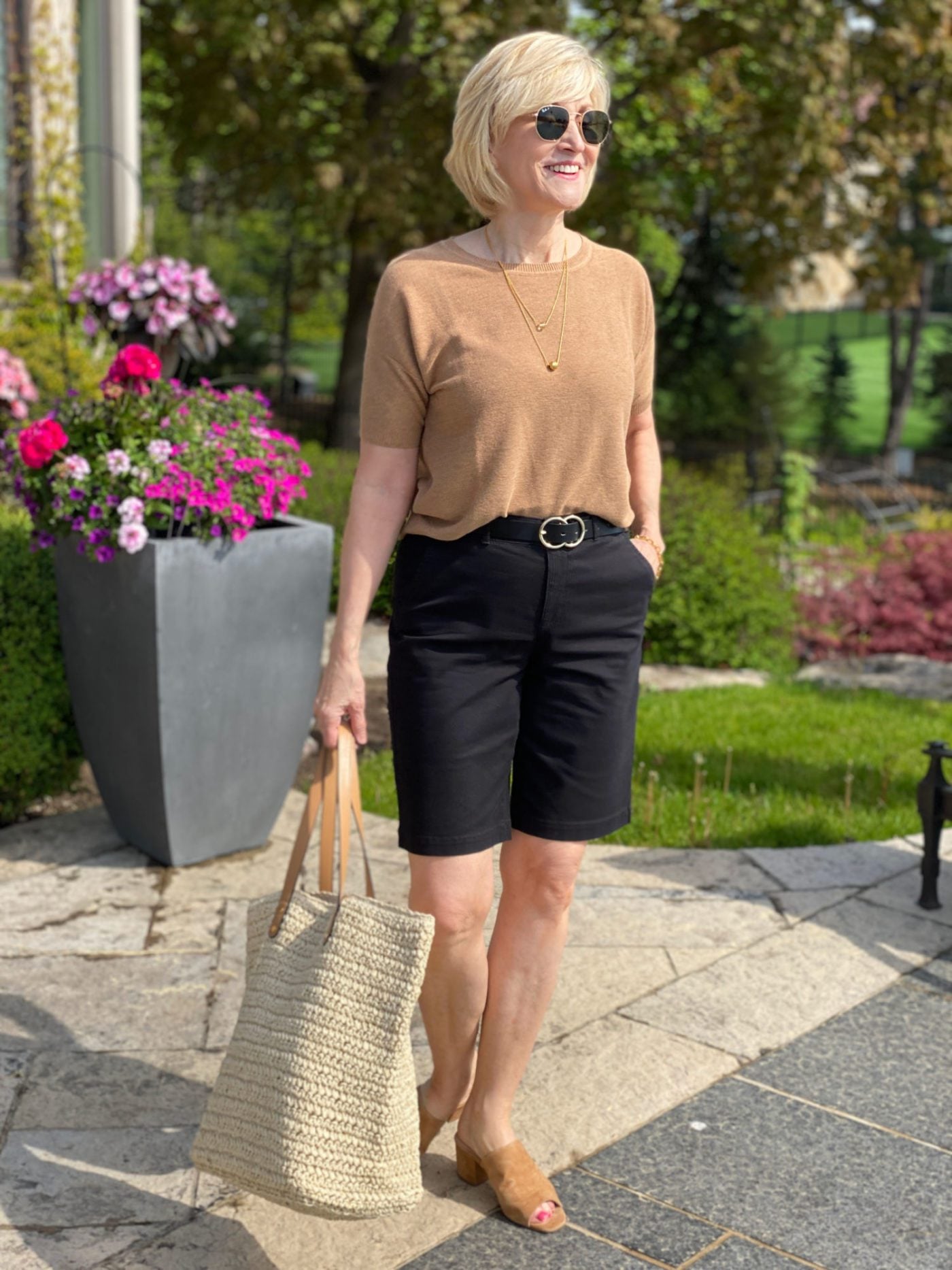 black bermuda shorts brown sweater