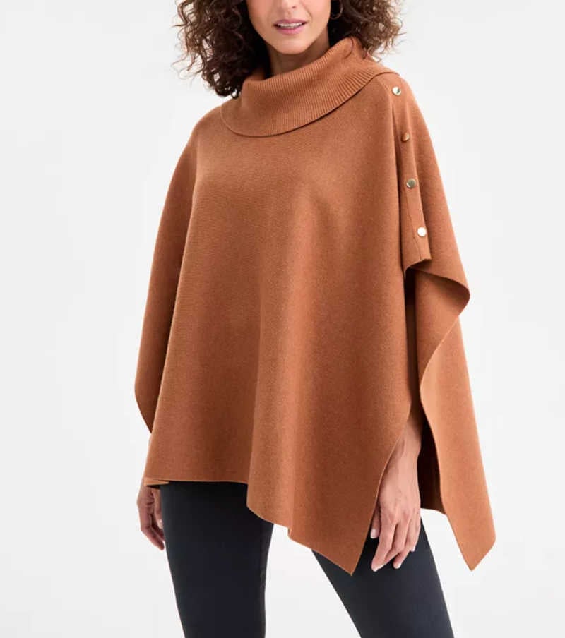 jm collection cowl neck button detail poncho in burnt amber tunic length styling over leggings