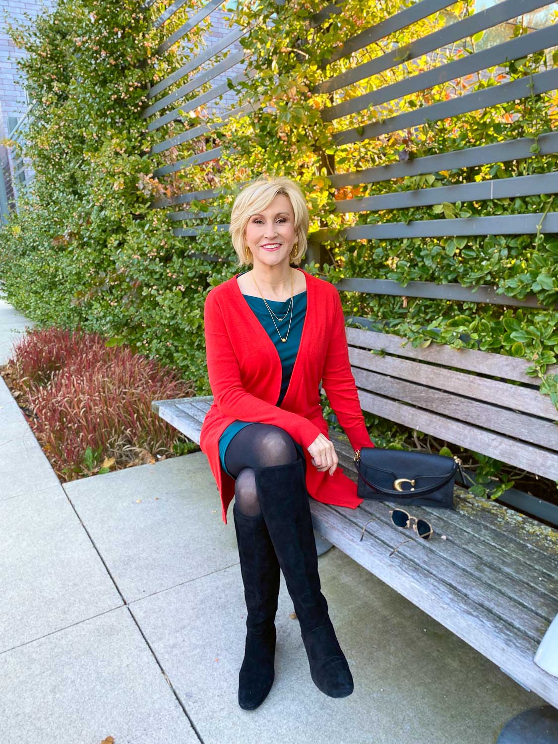 short-green-dress-red-cardigan