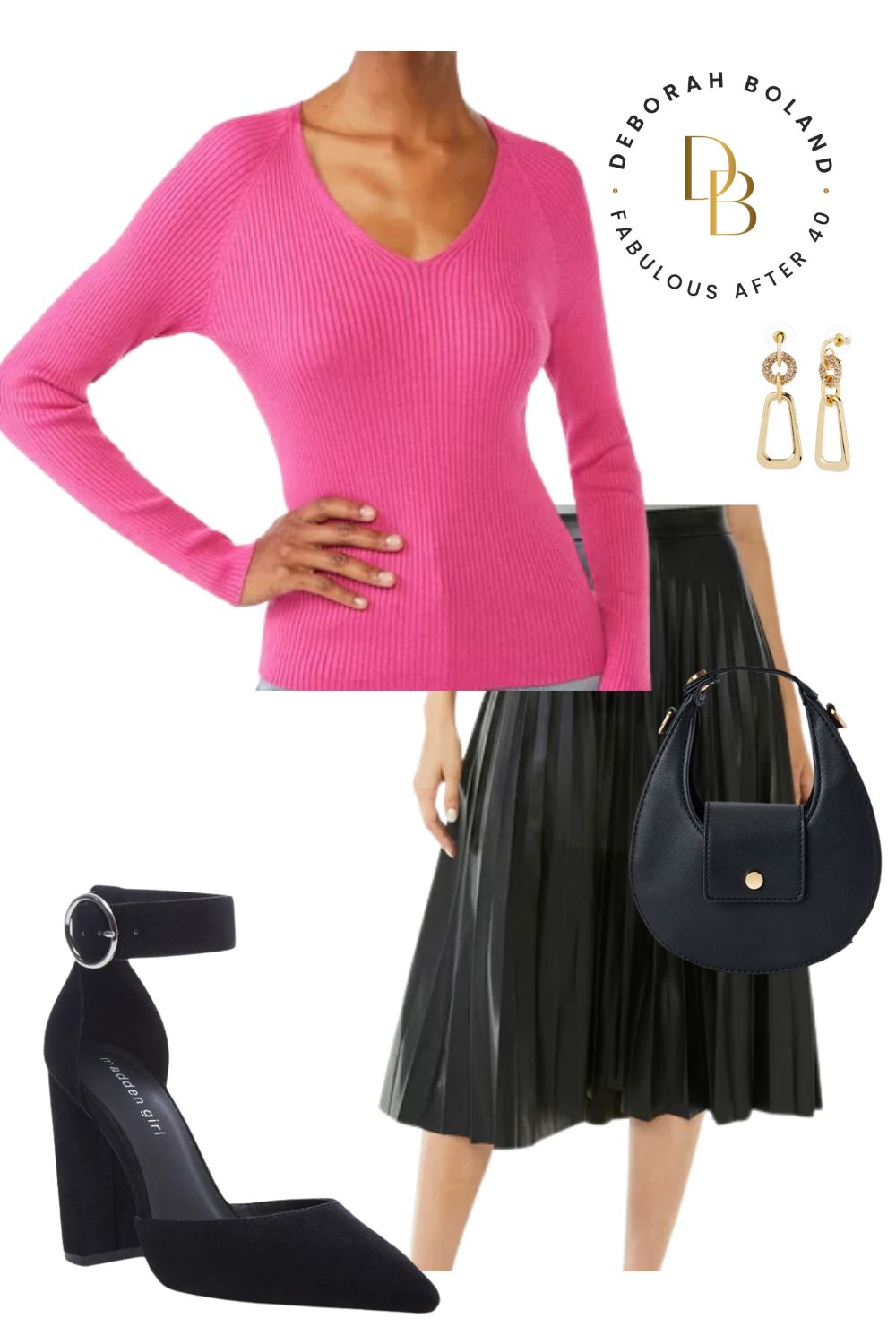 Pink sweater black leather skirt