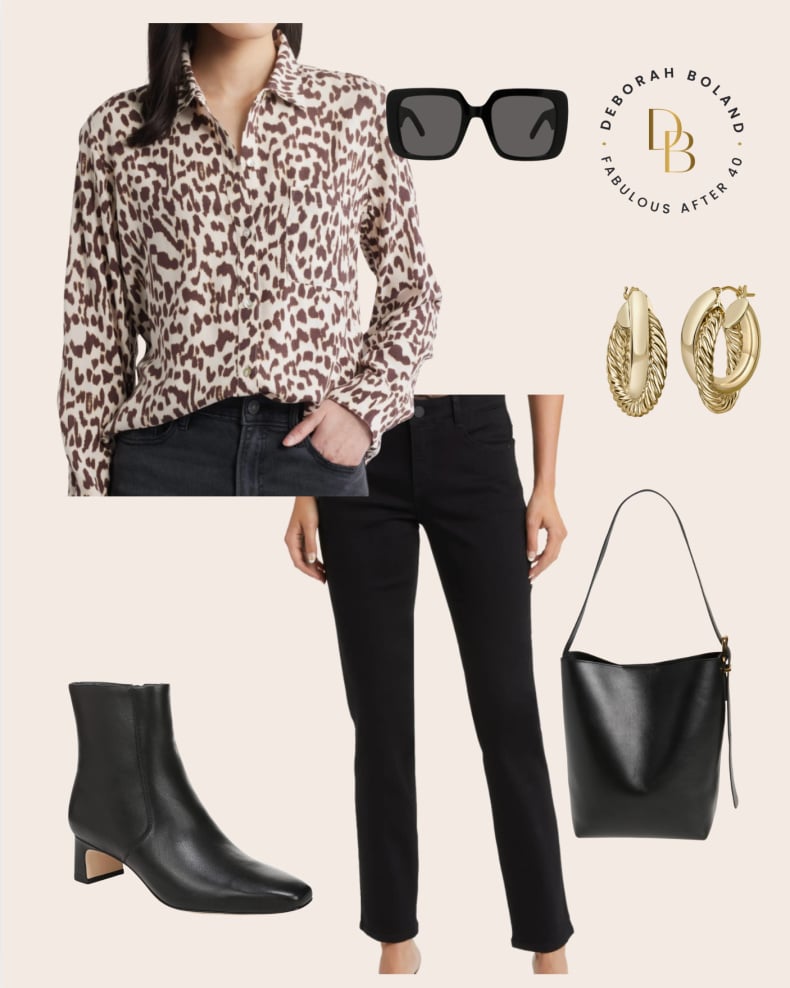 black straight-leg jeans worn with leopard shirt