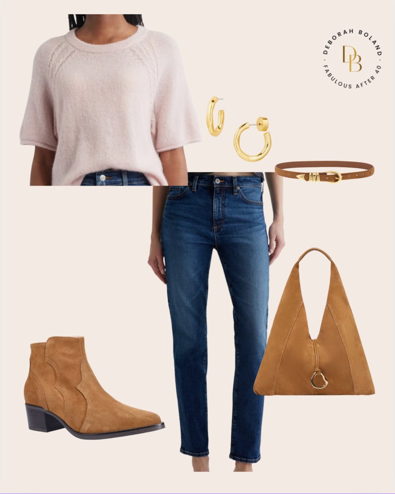 medium wash straight leg jeans and pink sweater