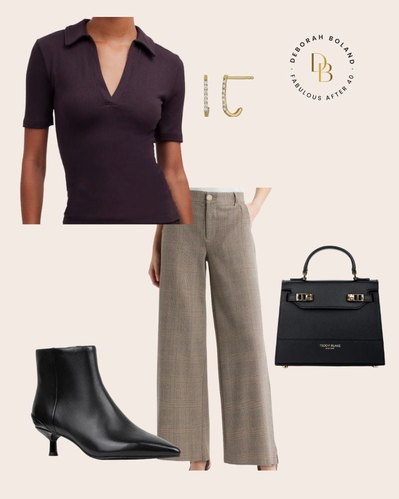 elevated casual outfit with plaid wide leg pants and polo sweater