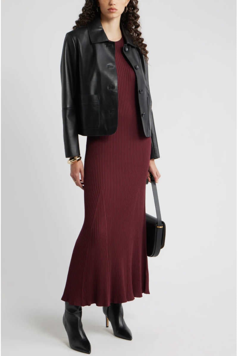 rgundy ribbed sweaterdress with black jacket